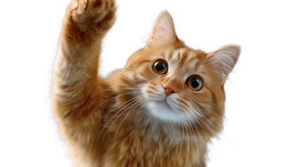 Playful Cat's Upward Reach: A charming ginger cat reaches upward, its gaze filled with curiosity and playful intent, capturing an endearing moment of feline interaction.