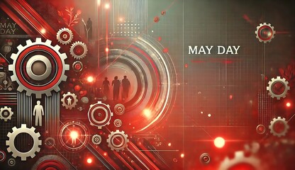 Red futuristic "May Day" industrial scene with gears, silhouettes of workers, tech circuits, and glowing lights. Text reads "May Day" and "May 2019" on a digital grid background.