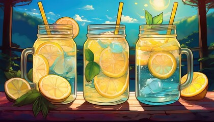 AnimeStyle Vignette Vibrant Mason Jars Brimming with Chilled Soda Water Infused with Luscious Lemon Slices, Showcasing a Pop Art Mood in the Twilight