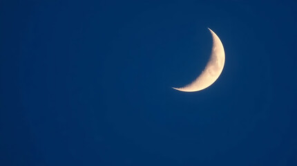 A high-angle close-up of a waxing crescent moon in a blue sky, showcasing vibrant complementary colors and balanced tones. The perspective is elevated, emphasizing the contrasting colors