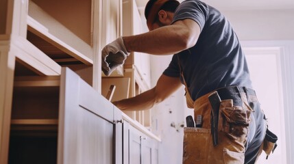 Fototapeta premium Hispanic carpenter installing kitchen cabinets. Featuring carpentry and home improvement