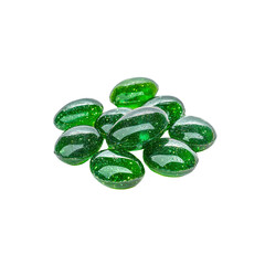 Close-up of Shiny Green Capsules or Tablets on Transparent background