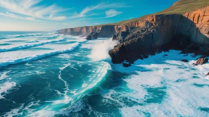 Bird's-eye view of lively waves and rocky structures by the shoreline.