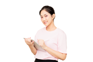 Asian woman smiling woman in a pink shirt holds a tablet and stylus, looking engaged and ready to create or communicate.