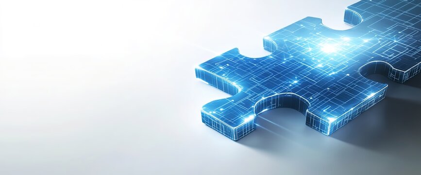 Fototapeta A minimalist background with blue puzzle pieces on a white background, suitable for marketing and promotion in technology companies, product launches, and educational institutions.