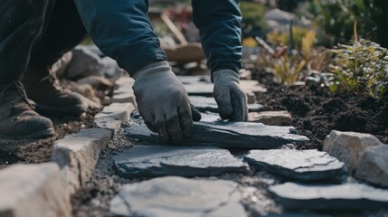 Mason working on a stone wall for a garden path. Featuring craftsmanship and landscaping