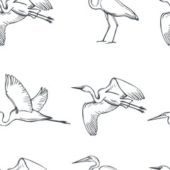 Hand-drawn Great egret (Ardea alba,  common egret). Vector seamless pattern. 
