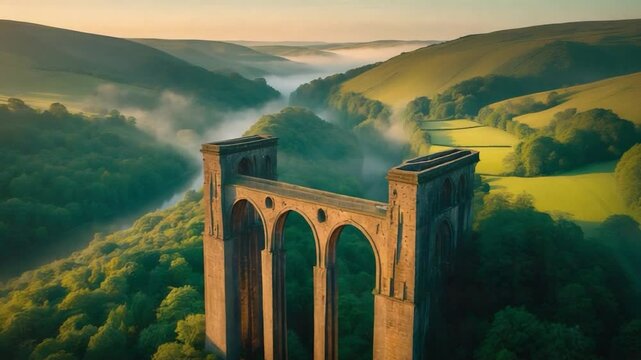 Sky-high view of Meldon Viaduct amid flourishing forest and tranquil hills.