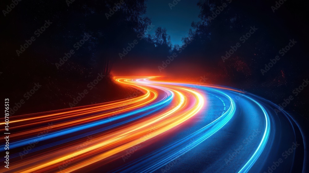 Poster bright blue light trails curve dynamically against a dark background creating a sense of speed,motion,stock photo