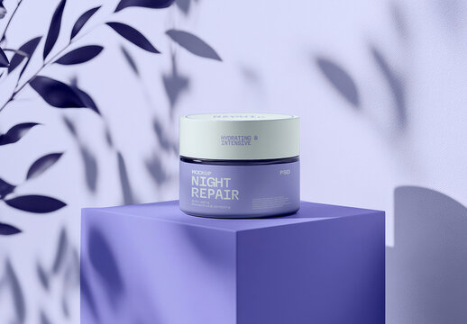 Cosmetic Jar Mockup on Pedestal with Botanical Shadows