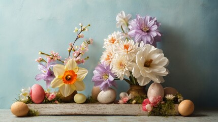 Easter decoration chick ornaments festive banners. Gentle Spring Still Life Arrangement with Daffodil Blossoms and Easter Eggs on Rustic Wooden Tray.