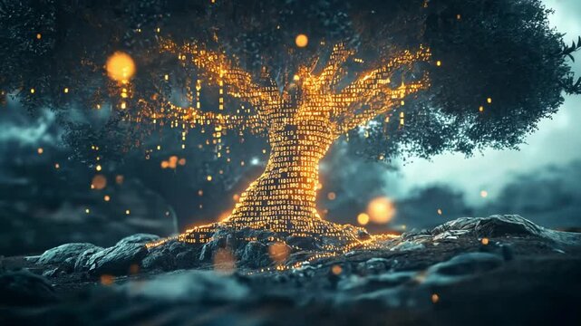 Glowing digital tree illuminated with artificial intelligence elements