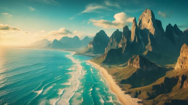 Overhead perspective of gorgeous seaside landscape with peaks and water.