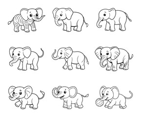 Nine Adorable Cartoon Baby Elephants Line Art Illustrations