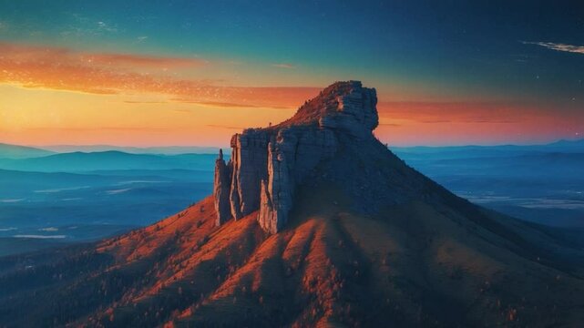 Sunset aerial view of a stunning monadnock featuring dramatic rock formations.