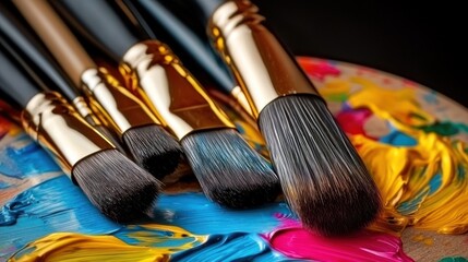 Fototapeta premium Artistic paintbrushes on colorful palette, studio shot