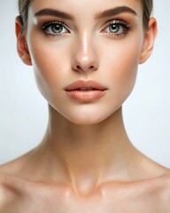 Fototapeta premium Close-up of young woman's chin and defined jawline with healthy, smooth, lifted skin against white studio background. Concept of natural beauty, self-care, anti aging products, wellness