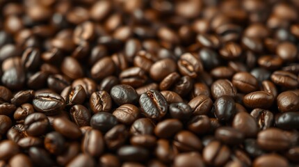 Close-up view of roasted coffee beans.  A plethora of coffee beans in various shades of brown are tightly packed together.  The focus is on the texture and color of the beans