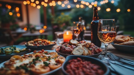 Evening BBQ with fairy lights and laughter, white, delicious, meat, tomato, italian, salmon, healthy, fish, alcohol
