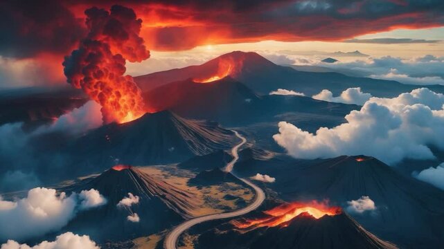 Aerial perspective of magnificent volcanic mountain landscape accompanied by a road below a dramatic sky.