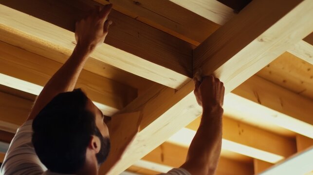 Hispanic carpenter installing wooden beams in a ceiling. Featuring structural work and craftsmanship