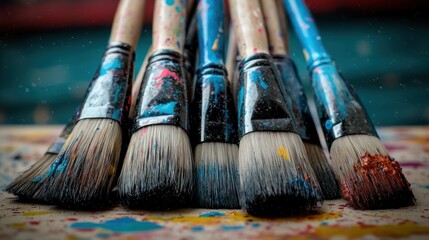 Fototapeta premium Colorful paintbrushes clustered, artist's studio, splattered canvas in background. Use stock photo