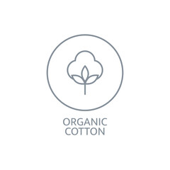 Organic cotton line icon. Sustainable plant stamp. Fabric badge. Biodegradable symbol. Slow fashion. Quality certificate tag. Ecology sticker. Natural clothes. Zero waste. Vector illustration
