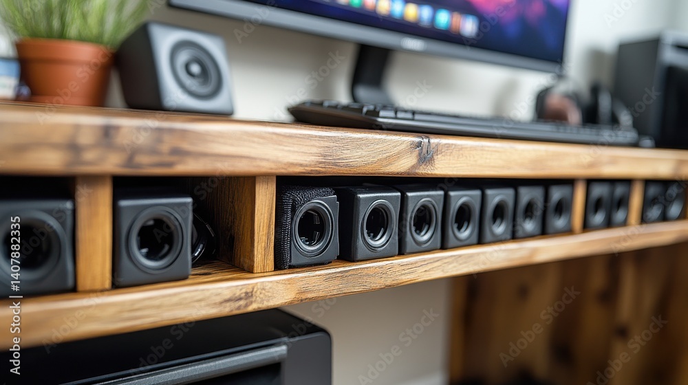 Aufkleber cable management under wooden desk using black velcro straps showcasing organized wiring setup for e