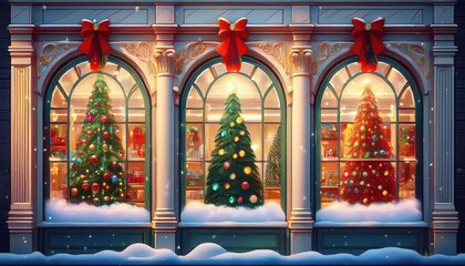 Enchanting Animated Christmas Vitrine, Festive Mood Radiating Warmth and Joy Amidst a Winter Wonderland, Showcasing Holiday Cheer with Delicate Snowflakes and Glowing Ornaments.