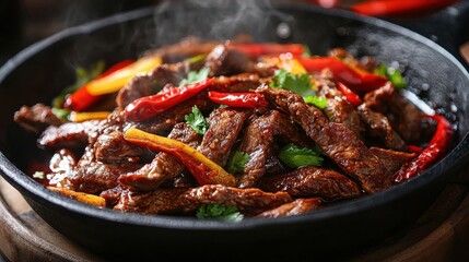 A sizzling stir-fry featuring tender pieces of beef combined with vibrant red and yellow bell peppers, creating a colorful and appetizing dish. 