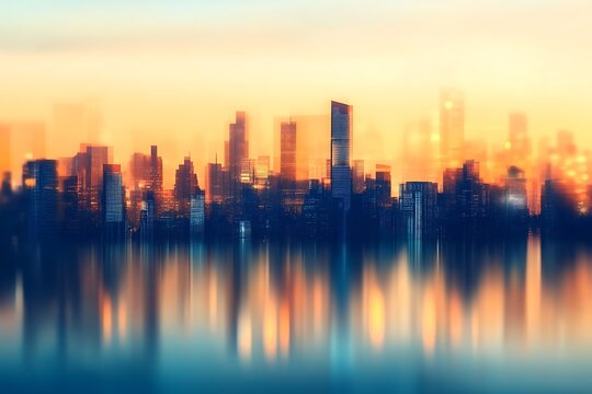 Blurred city skyline at sunset with colorful reflection on water