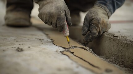 Construction laborer sealing cracks in a foundation with epoxy. Featuring precision and repair skill