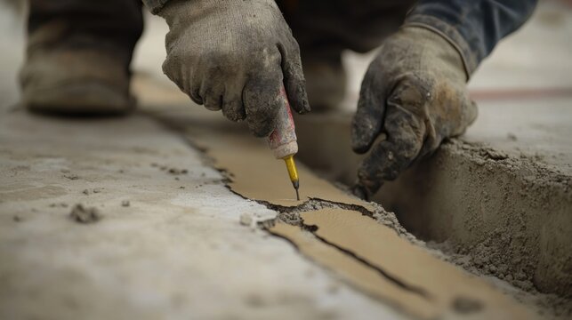 Construction laborer sealing cracks in a foundation with epoxy. Featuring precision and repair skill