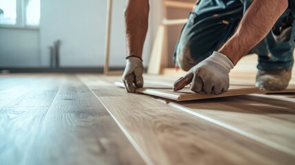 Hispanic carpenter installing wooden flooring in a living room. Featuring carpentry and home improvement