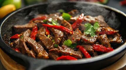 A sizzling stir-fry featuring tender pieces of beef combined with vibrant red and yellow bell peppers, creating a colorful and appetizing dish. 