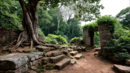 Ancient Ruins Enshrined by Nature: A serene scene unfolds where nature has embraced ancient ruins, creating a mesmerizing juxtaposition of the past and present, with textured walls and trees.