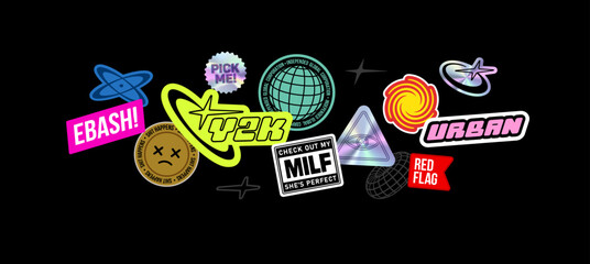 Perfect Y2k stickers pack 3 with logotypes and emblems concepts in cyberpunk style. Retro futuristic japanes holographics stickers set in Techno Rave style.  Aesthetic of Asian 90s - 2000s 
