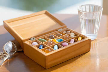 Wooden Pill Organizer with Mixed Supplements and Glass of Water