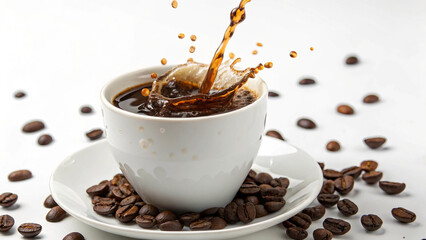 cup of coffee, coffee falling over a cup, AI