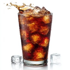 Glass of cola with ice cube splash on white background