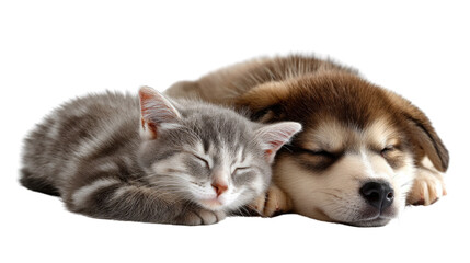 Fototapeta premium Sleeping Kitten and Puppy: A heartwarming scene of friendship and serenity, where a fluffy kitten and a playful puppy peacefully slumber side-by-side, embodying pure, innocent companionship.