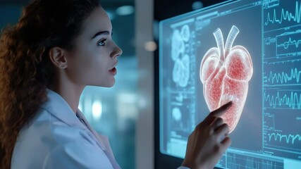 Female scientist analyzing a futuristic holographic heart display in a high-tech medical laboratory,symbolizing advancements in cardiology, artificial intelligence,digital healthcare technology