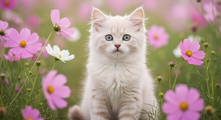 Adorable Cream Kitten Amidst a Field of Pink Cosmos Flowers