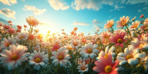 Vibrant wildflower field at sunrise with colorful daisies in bloom under a blue sky and fluffy clouds