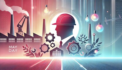 Colorful illustration of a worker silhouette with a hard hat, factory buildings, gears, leaves, light bulbs, and “May Day” text. Symbolic representation of labor, energy, and industrial growth.