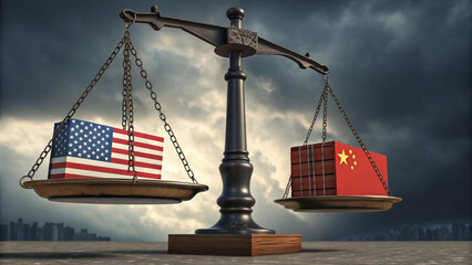 A giant scale balancing the US and China flags, Economic war, exports and tariffs, United States and China, AI