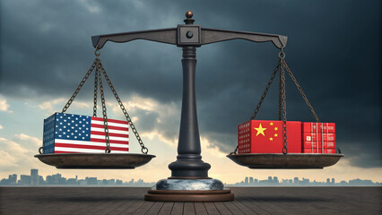 A giant scale balancing the US and China flags, Economic war, exports and tariffs, United States and China, AI