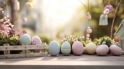 Obraz premium Easter decoration chick ornaments festive banners. Pastel Eggs Awaiting Easter Celebration in Sunlit Garden Setting with Delicate Decorations.