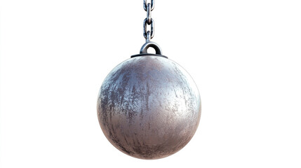 A steel ball on a chain, hanging from the top of an isolated white background. A hyper-realistic game item asset.