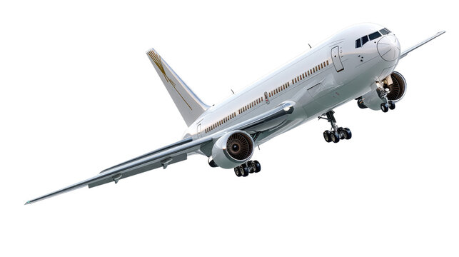 Boeing 767 Taking Off: A white Boeing 767 airplane soars against a pristine white background, its wings outstretched and powerful engines propelling it skyward.